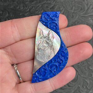 German Shepherd Dog Carved Mother of Pearl Set in Lapis Lazuli Cabochon